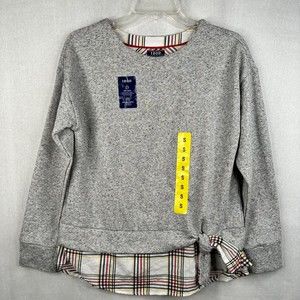 IZOD Tie-Front 2-fer Sweatshirt Faux Layered Heather Grey Plaid Women's SMALL